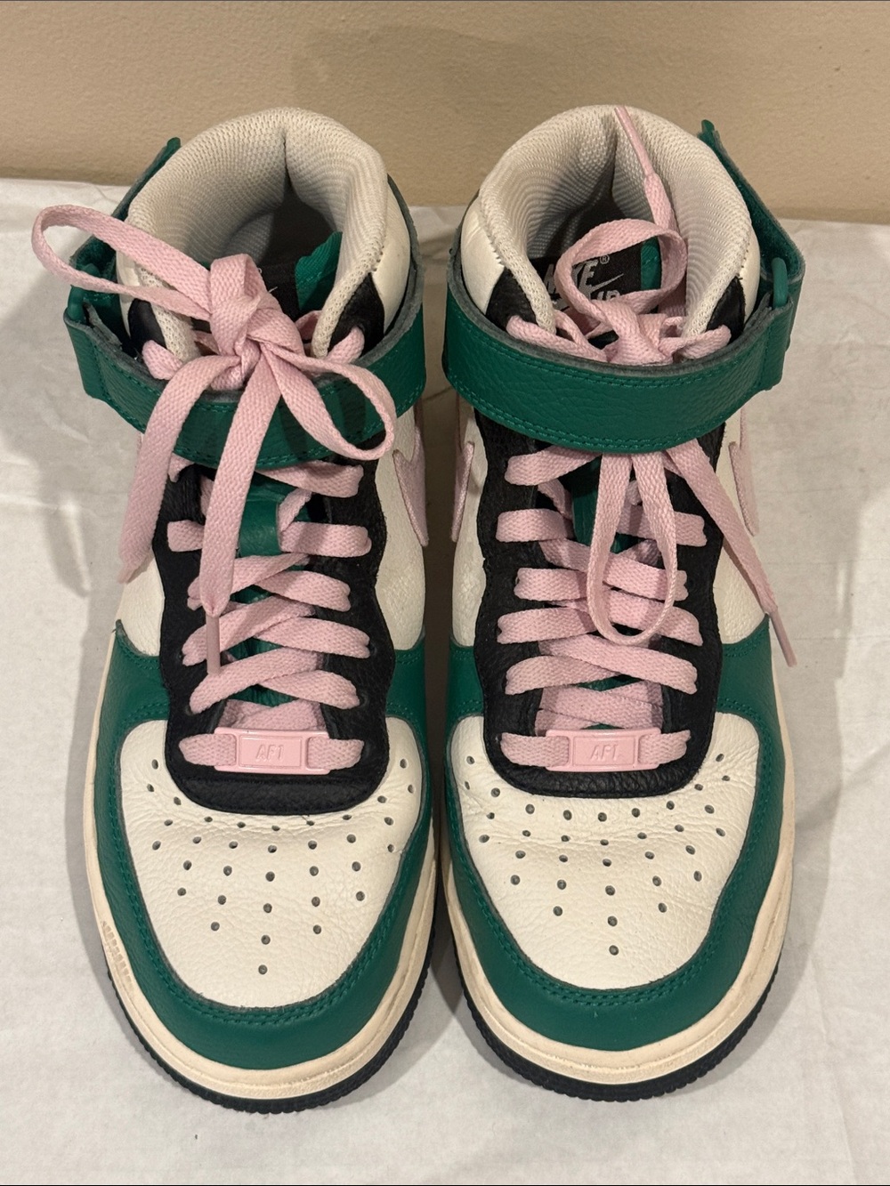 Nike Air Force Women’s High-Top Sneakers in Green, Black & Pink